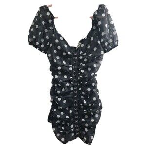 Urban Outfitter Polka Dot Ruched Corset Mini Dress L Puff Sleeve